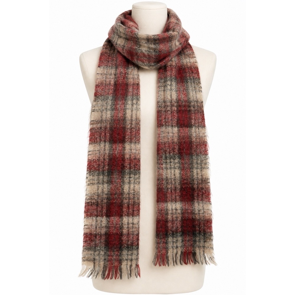 Vintage Foxford Mohair Wool Scarf Ireland Tartan Plaid Red Beige Fringe 58"